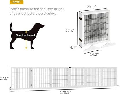 Wooden Dog Gate, 170" Freestanding Pet Gate, 6-Panel Foldable Dog Safety Barrier with 2 Support Feet for House Doorway Stairs, Small and Medium Dogs, White