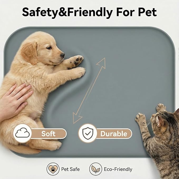 BLESWIN Non-Slip Silicone Dog Food Mat for Food and Water, 18" x 12" Raised Edge Pet Feeding Mat - Waterproof Dog Bowl Mat Easy Clean for Floor Protector,Grey