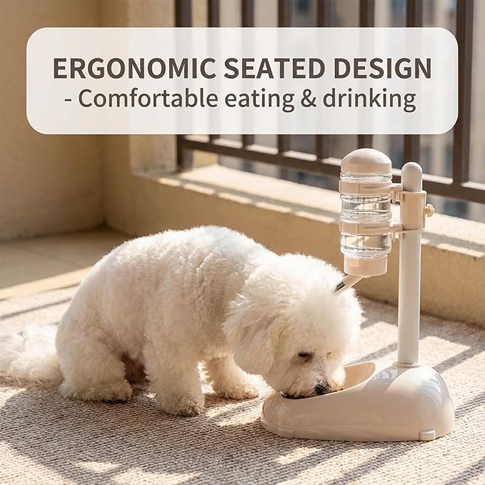 Denash Pet Standing Water Dispenser Feeder, 500ml Dog Water Feeder Bottle Adjustable Raised Pet Food Bowl for Dogs Detachable Bottles Easy Cleaning (Beige)