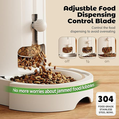 JUNSPOW Automatic Cat Feeder 2-in-1 Set, Gravity Cat Food Feeder and Water Dispenser, Dog Feeding & Watering Supply with Stailess Steel Bowls, Large Capacity Low Noise, White