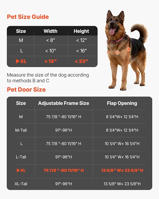 VEVOR Dog Door for Sliding Glass Door, 91 to 96 in Adjustable Height, Aluminum Alloy Frame with Metal Rotating Hinges, Lock Design, 13 5/8 x 23 5/8 in Flap, Sliding Glass Pet Door for Renters