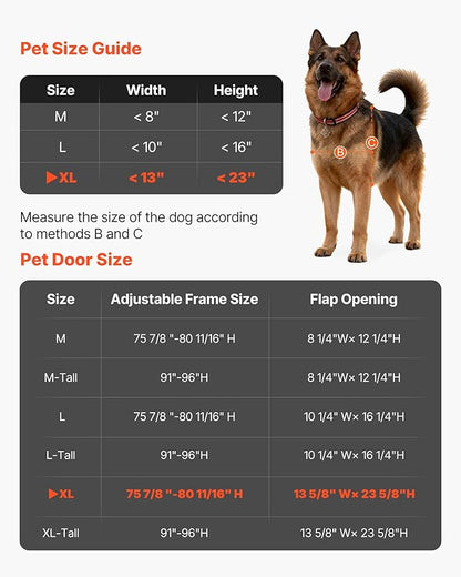 VEVOR Dog Door for Sliding Glass Door, 91 to 96 in Adjustable Height, Aluminum Alloy Frame with Metal Rotating Hinges, Lock Design, 13 5/8 x 23 5/8 in Flap, Sliding Glass Pet Door for Renters
