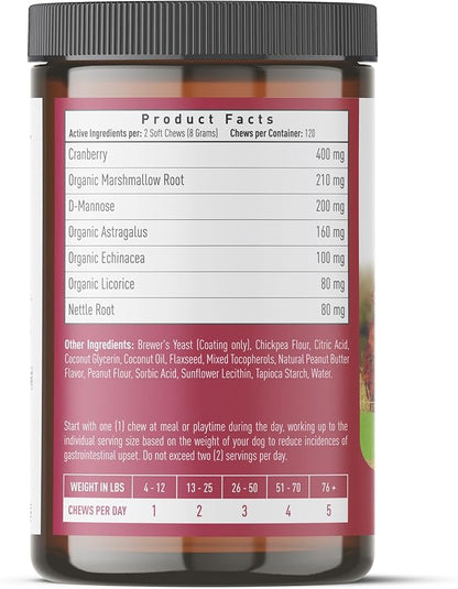 Strawfield Pets Cranberry Bladder & UTI Chews for Dogs D-Mannose + Vitamin C for Urinary Tract Support Peanut Butter Flavored Soft Chews 120 softchews