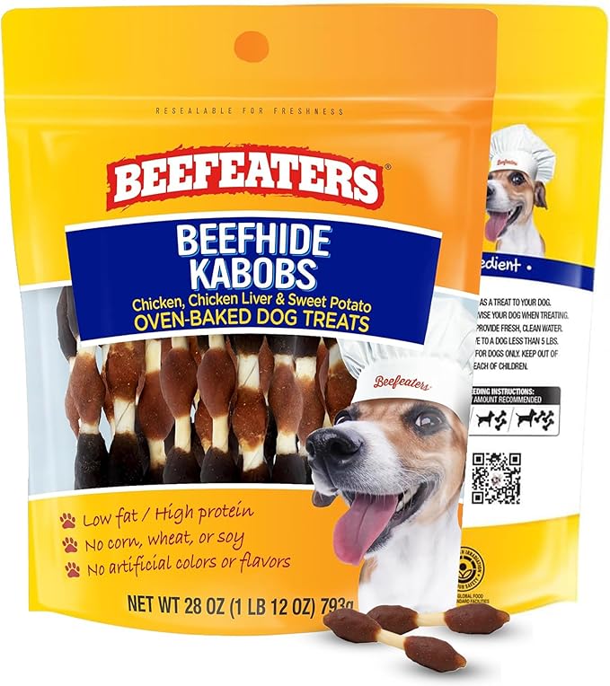 Beefeaters Triple Flavor Beefhide Kabobs 28oz, Dog Treats with Real Chicken, Liver & Sweet Potato – Long-Lasting Dog Kabob Treats for Chewing, Dental Support*, Flavor-Packed Treats - Training Rewards