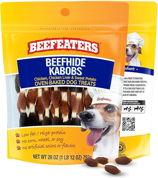 Beefeaters Triple Flavor Beefhide Kabobs 28oz, Dog Treats with Real Chicken, Liver & Sweet Potato – Long-Lasting Dog Kabob Treats for Chewing, Dental Support*, Flavor-Packed Treats - Training Rewards