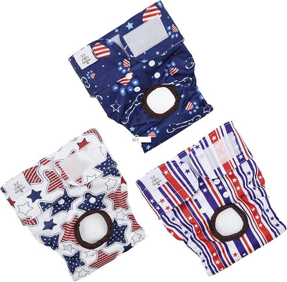 CuteBone Dog Diapers Female Washable Small Medium Large 3 Pack Reusable Doggie Diapers 4th of July Puppy Period Pants for Doggy Heat Cycle Peeing