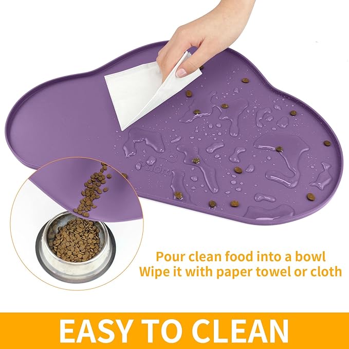 Ptlom Dog Food Mat Anti-Slip Dog Bowl Mats for Food and Water, Waterproof Pet Placemat Prevent Messy Spills to Floor, High-Lips Puppy Feeding Trays for Small Medium Large Dogs Cats, Silicone, Purple