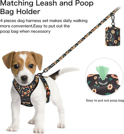 Petmolico No Pull Dog Harness Set with Leash Attachment Easy Control Handle Reflective Harness Vest Small Breed, Puppy Vest and Leash Set with Poop Bag Holder, Medium - Sunflower