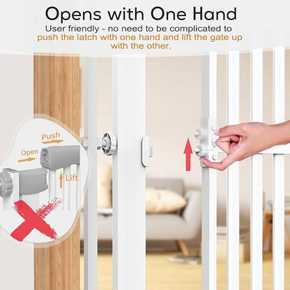 Senneny 63” Extra Tall Cat Gate Auto Close & One-Hand Open, Includes Extension Kits, No Drilling Pressure Mounted Kits and Wall Mounted Kits, Metal Pet Gate Fits Openings 33.4” to 37.4” Wide, White