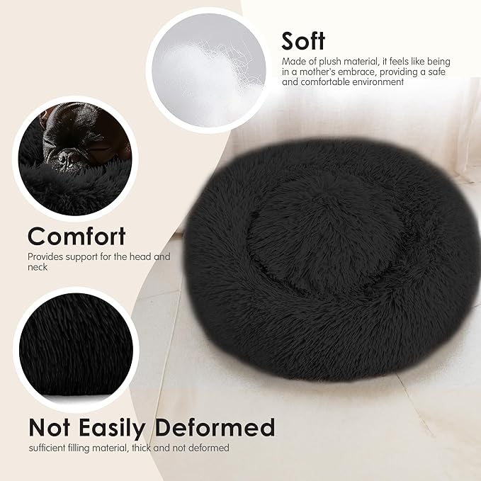 28in Large Dog Bed, Medium Size Dog and Cats, Calming Donut Bed for Puppy and Kitten, Washable Round Fluffy Pet Bed (Black)