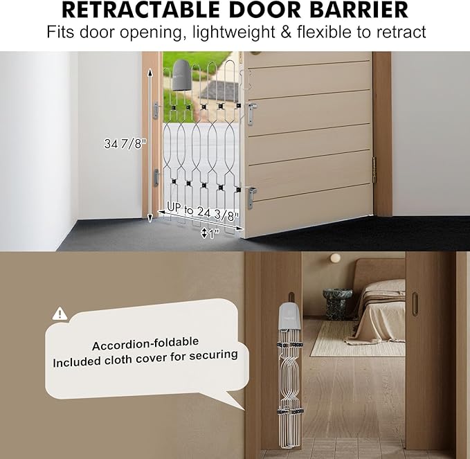 Snagle Paw Metal Retractable Door Barrier,24.4" Wide 35" Tall Safety Dog Gate for Front Door,Easy Install Retractable Pet Gate for Recreational Vehicle,Doorways