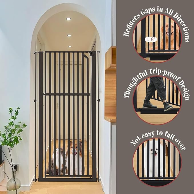 Glaf Extra Tall Pet Gate 63" Pressure Mounted Cat Door Safety Metal Cat Gate Adjustable Width Dog Door Auto-Close Dog Gate for Doorways, Stairs, Kitchen, Hallway (Black, 29.92-33.46")