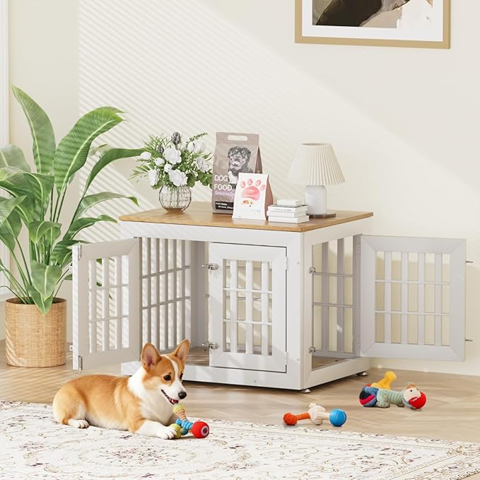 Snuowu 32" Heavy Duty Dog Crate Furniture for Small,Medium and Large Dogs,Rustic Wooden Dog Cage Kennel Indoor Furniture with Waterproof Top,Decorative Pet House Side End Table (White & Wood)