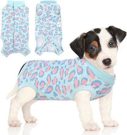 SAWMONG Blue Leopard Dog Recovery Suit (Small, 3-7lb), Breathable Polyester Jumpsuit for Surgery, Spay, Neuter, Wounds, Allergies, Stomach Cold Protection