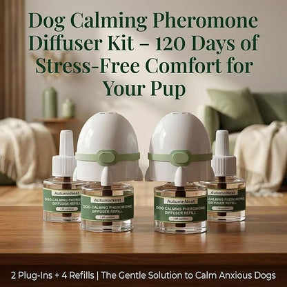 Dog Calming Pheromone Diffuser Kit, Pet Diffuser for Stress Support, Reduces Stress and Promotes Relaxed Behavior, 2 Plug-in & 4 Packs Refill, 120 Day Supply (Non-Toxic, Safe & Inedible), with Light