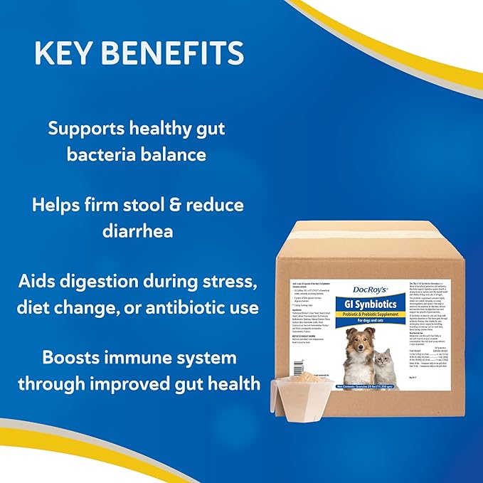 Doc Roy’s GI Synbiotics Probiotic & Prebiotic Granules for Dogs & Cats, Digestive & Immune Health Supplement with Live Cultures, BgMOS & Beta Glucans, Chicken Flavor, 25lb Granules