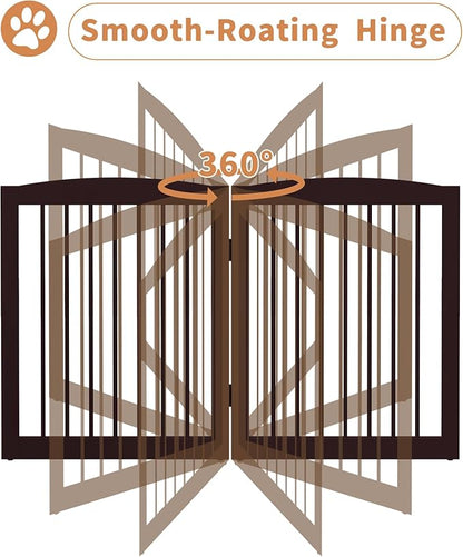 PUPETPO Freestanding Dog Gates with Door Walk Through, 80 inch Wide Gates Indoor, Dog Fences Indoor, Support Feet Included, 4 Panels, 32" Tall, Dark Brown
