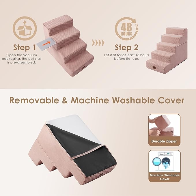 EHEYCIGA Dog Stairs for Bed 25" H, 5-Step Extra Wide Dog Steps for High Bed, Pet Steps for Small Dogs and Cats, Non-Slip Balanced Pet Ramp Indoor, Pink