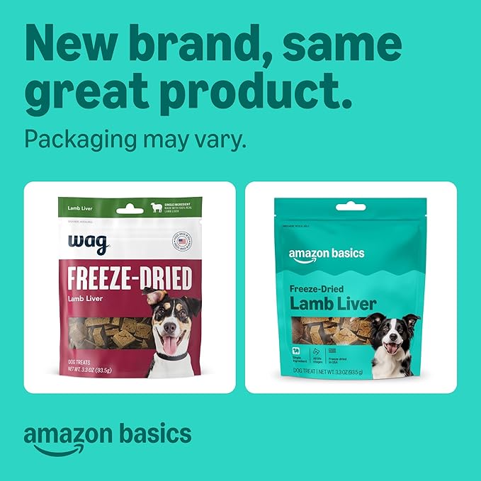 Amazon Basics Freeze-Dried Raw Single Ingredient Dog Treats, Lamb Liver, High Protein, Healthy Training Treats or Meal Topper for all Dogs, Grain-Free, 3.3oz (Previously Wag)