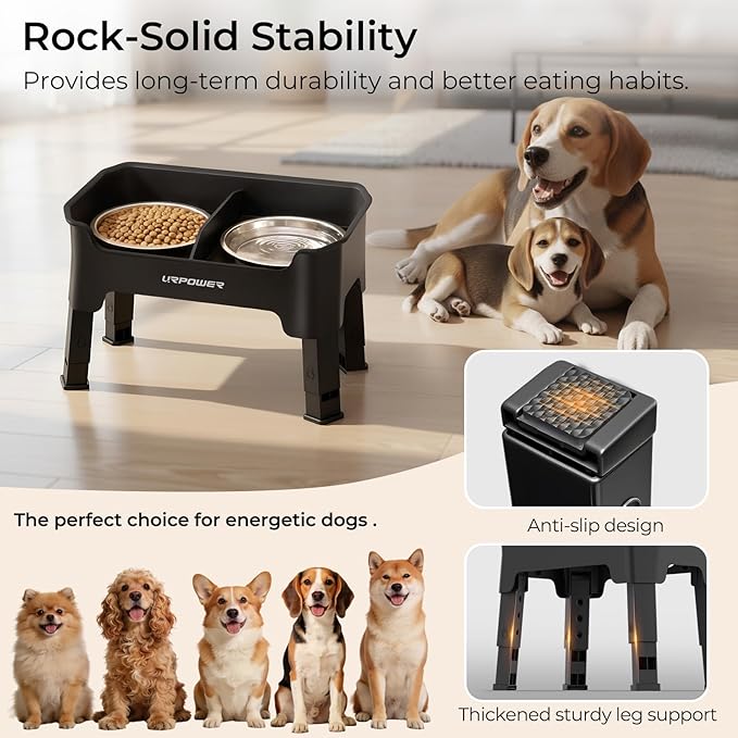 URPOWER Mess Proof Elevated Dog Bowls, High Wall Splash Guard Design, 4 Height Adjustable Raised Bowl Stand, 2 Stainless Steel Bowls, Non-Slip Food Water Set for Small Medium Large Dogs
