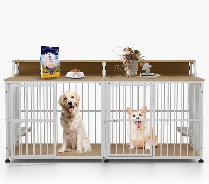 Dog Crate Furniture for 2 Dogs, 72" Extra Large Double Dog Cage Large Breed, XXL Thick Wooden Dog Crate with Storage Rack, Sturdy Dog Kennel with Removable Divider