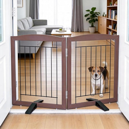 ZJSF Freestanding Dog Fence Indoor, Foldable Dog Gate for Doorways, Stairs or Hallways, Sturdy Wood Extra Wide Pet Gate with Support Feet for The House, Brown, 24 "Height-2 Panels