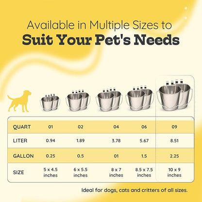 9 Quart Stainless Steel Flat Sided Bucket with Dual Hooks | 2 Pcs Food & Water Bowl for XL Dog Goat Cattle Horse & Livestock | Fits kennel Crate Cages Farm Hanging Pet Pail | Multipurpose