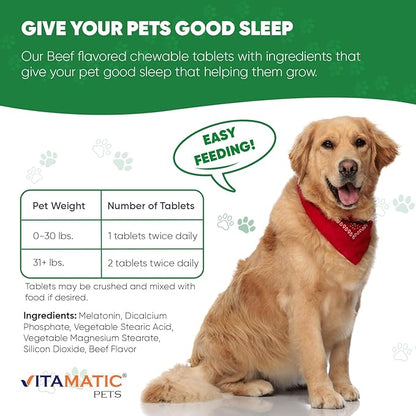 Vitamatic Melatonin for Dogs – 6 mg – 120 Chewable Tablets (Pack of 3) Beef Flavored – Natural Calming Aid for Dogs – Non-Habit Forming – Stress & Sleep Support