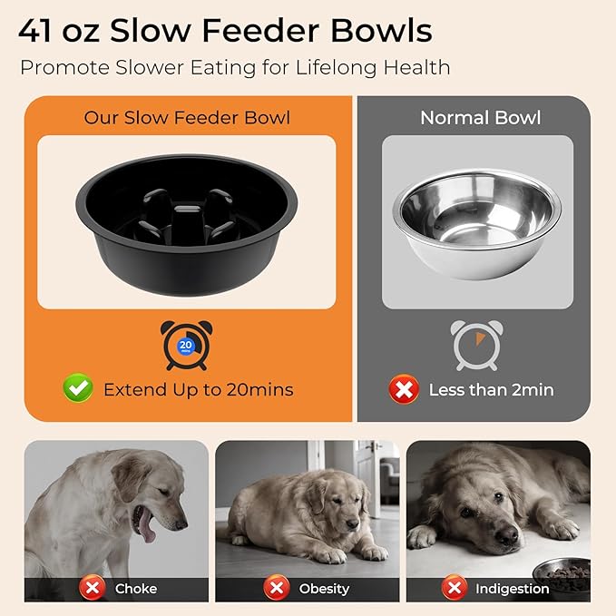 URPOWER Mess Proof Elevated Dog Bowls 4 Height Adjustable Raised Stand with No Spill Water Bowl and Slow Feeder Dog Bowls Non-Slip Food and Water Bowl Set for Small, Medium & Large Dogs