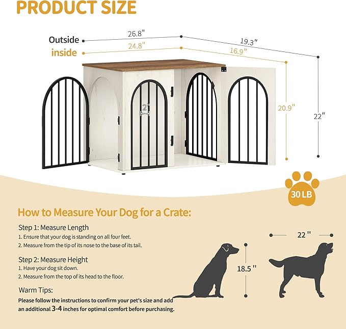 Hzuaneri 26.8'' Wooden Dog Crate Furniture, Indoor Dog Kennel Dogs Cage for Small Dogs, Heavy Duty Dog Crates Decorative Pet House End Side Table TV Stand, White Brown DFC85514B