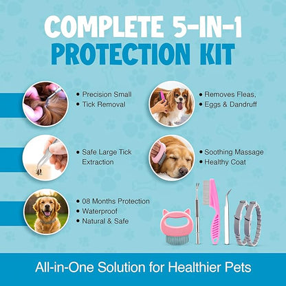 Dog Flea and Tick Collar 8-Month Protection All Natural Flea Collar for Dogs & Puppies with Flea Comb, Shell Comb, Tick Tweezers & Tick Removal Tool | 5-in-1 Dog Flea Collar & Protection Kit