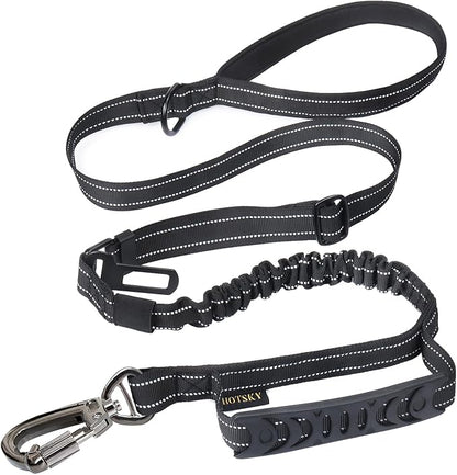 Hotsky Tactical Dog Leash Heavy Duty for Medium Large Dogs that Pull,4-6Ft Strong Bungee Shock Absorbing No Pull Dog Leash with Padded Double Handle and Car Seatbelt,Reflective Black