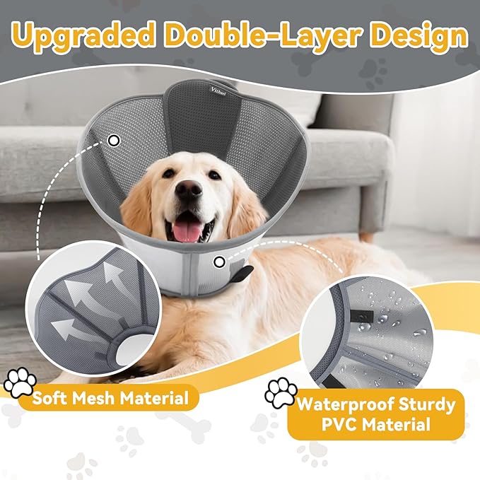 Upgraded Dog Cone Collar for Large Medium Dogs, Soft Dog Cone with Double-Layer Design, Adjustable Pet Recovery Collar for Dogs After Surgery, Elizabethan Collar (S, Grey)