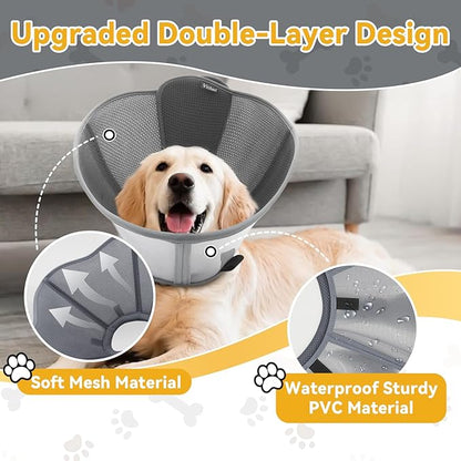 Upgraded Dog Cone Collar for Large Medium Dogs, Soft Dog Cone with Double-Layer Design, Adjustable Pet Recovery Collar for Dogs After Surgery, Elizabethan Collar (S, Grey)
