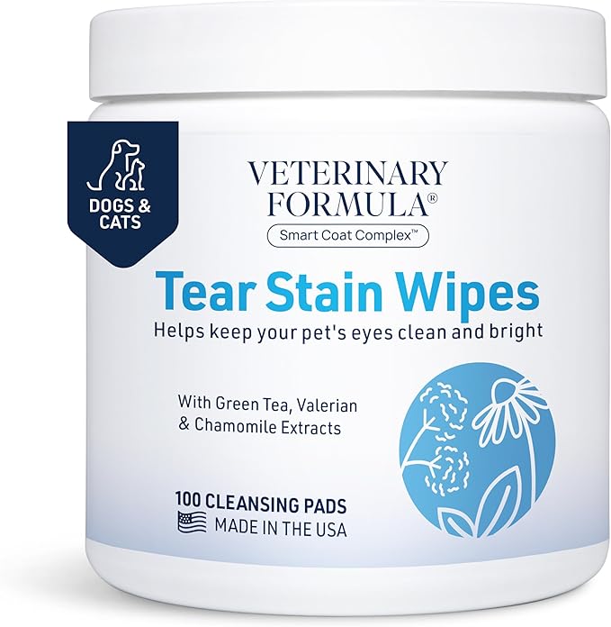 Veterinary Formula Smart Coat Complex Eye + Face Wipes for Dogs & Cats, 100 ct – Gently Remove Tear Stains, Clean Facial Fur & Eye Discharge, Fragrance-Free, Pre-Moistened