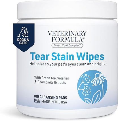 Veterinary Formula Smart Coat Complex Eye + Face Wipes for Dogs & Cats, 100 ct – Gently Remove Tear Stains, Clean Facial Fur & Eye Discharge, Fragrance-Free, Pre-Moistened