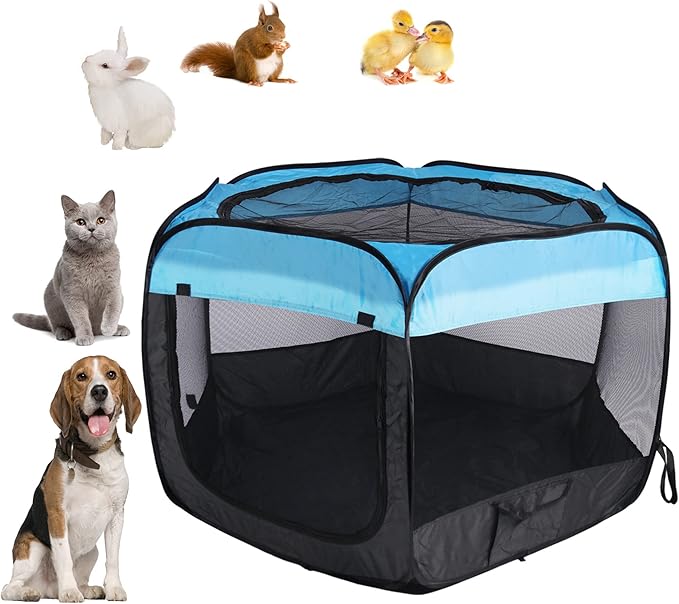 Portable Pet Playpen for Dogs and Cats,Pop Up Playpen for Small Middle Dogs Cats Pet Tent Playground, Indoor Outdoor,47x47x30,Blue/Black,1Pack