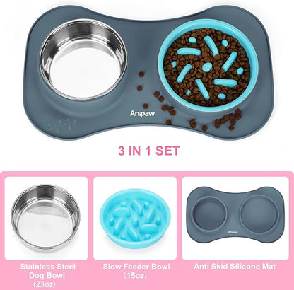 Anipaw Slow Feeder Dog Bowls 3 in 1 Stainless Steel Dog Food and Water Bowls with Non-Spill and Non-Skid Silicone Mat to Slow Down Eating for Large Medium Small Breed Size Dogs and Cats