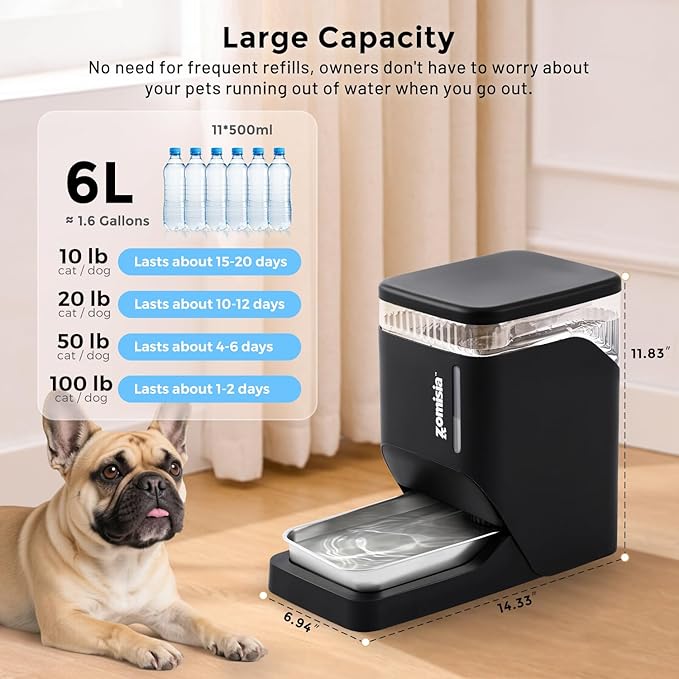 ZOMISIA Gravity Cat Water Dispenser 6L with Stainless Steel Bowl, Automatic Water Bowl Dispenser for Cats, 1.6 Gallon Pet Waterer 100% BPA Free, White