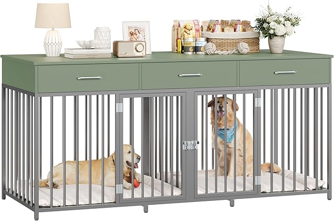 HOSTACK Double Dog Crates Furniture, 71" Wide Indoor Dog Kennel with 3 Drawers, Farmhouse Dog Cage for 2 Large/Medium Dogs, Heavy Duty Dog Crate with Removable Room Divider, Wooden Pet House, Green