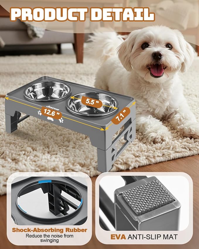 Jovrun Elevated Dog Bowls for Small Dogs and Cats, Non-Slip Cat Bowls with 2 Thick 5.5" Stainless Steel Dishes, Dog Feeder 2 Heights Adjustable to 2.6"-5.3"