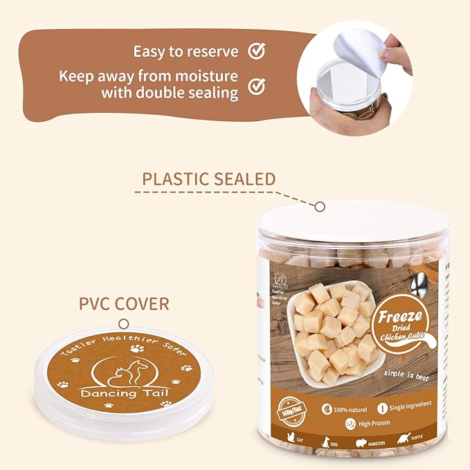 Dancing Tail Freeze Dried Raw Cat and Dog Treats, Healthy Limited Ingredient Chicken Cube Weight Control Traing Treats for Small Dogs Cats 5 Ounce