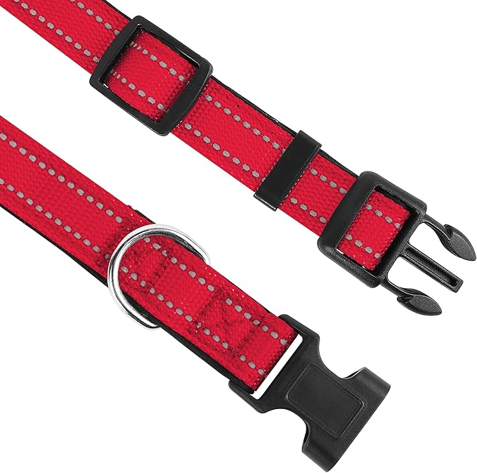 Reflective Dog Collar, Adjustable Soft Neoprene Padded Nylon Pet Collars with Buckle for Small Dogs, Red,S