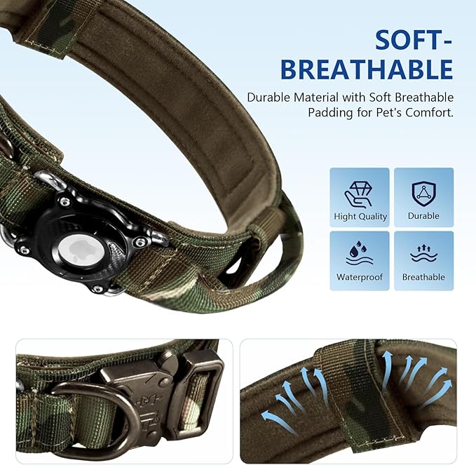 Never Lose Your Dog! AirTag Dog Collar with Waterproof Case | Tactical Collar for Large Dogs Featuring Military Handle & Durable Strap | Secure GPS Tracking for Apple AirTag (Camo, M)