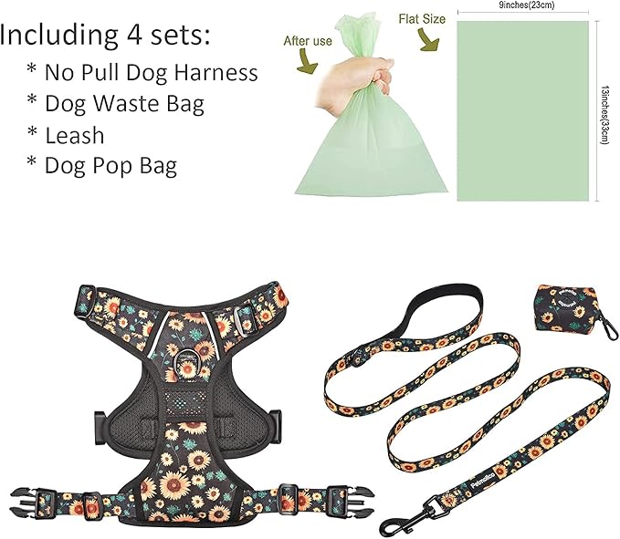 Petmolico No Pull Dog Harness Set with Leash Attachment Easy Control Handle Reflective Harness Vest Small Breed, Puppy Vest and Leash Set with Poop Bag Holder, Medium - Sunflower