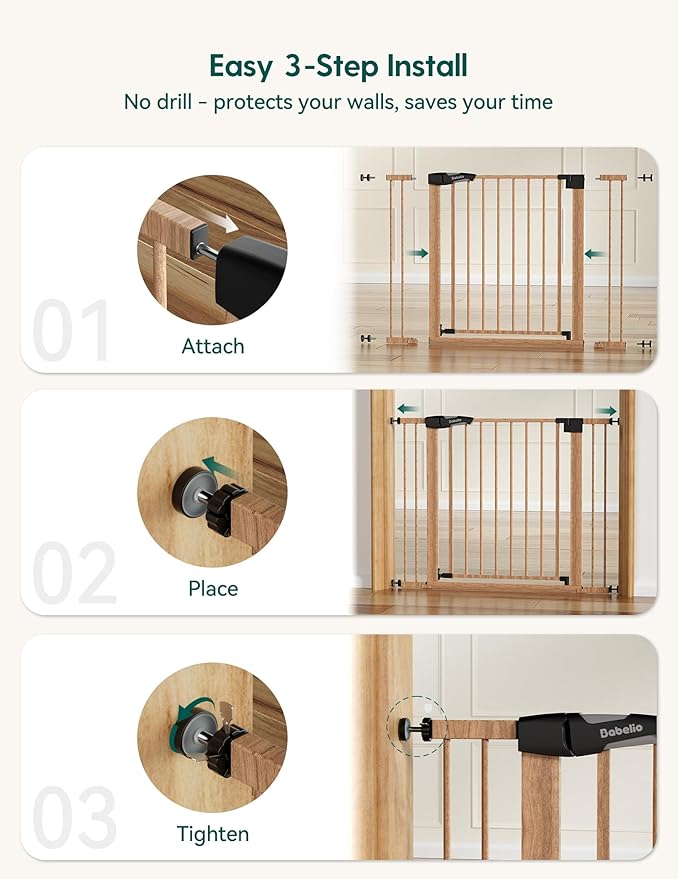 Mom's Choice Award Winner, Babelio 26-40" Metal Baby Gate with Wood Pattern, PressGuard C5 Easy Install Pressure Mounted Dog Gate for Stairs and Doorways, with Wall Protectors and Extension Kits
