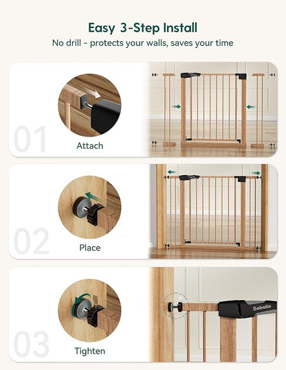 Mom's Choice Award Winner, Babelio 26-40" Metal Baby Gate with Wood Pattern, PressGuard C5 Easy Install Pressure Mounted Dog Gate for Stairs and Doorways, with Wall Protectors and Extension Kits