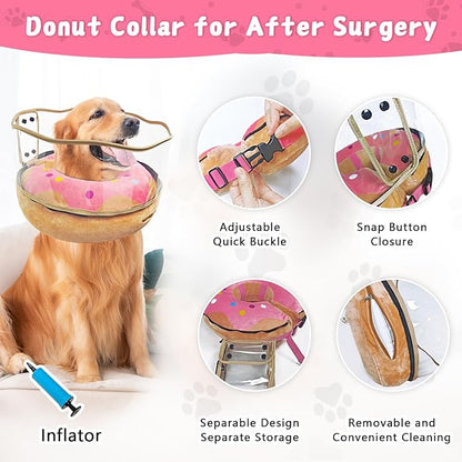 Inflatable Dog Cone Collar Soft Dog Cone Alternative After Surgery to Stop Licking for Large Medium Dogs Recovery Donut Cone Adjustable Neck Collar with Enhanced Anti-Licking Guard Shield,Donut Pink,L