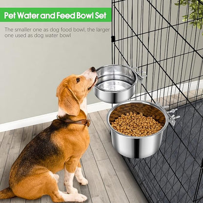 2 Pcs Large Dog Food Water Bowl for Cage with Upgraded Clamp Holder, Pet Kennel Hanging Bowls Stainless Steel Non-Spill Detectable Bowls Crate Feeder Dish for Large Dogs (7x3.7''& 6.3x2.5'')