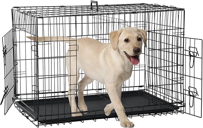 Dog Crate for Large Medium Small Dogs, Folding Dog Kennel Cage with Plastic Tray & Divider 48"/42"/ 36"/ 30"/ 24" Indoor Outdoor Metal Double Door Heavy Duty Dog Pen Enclosure, Black(36 Inch)